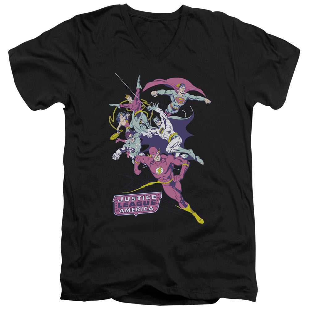 Justice League Colorful League Mens Slim Fit V-Neck T Shirt Black