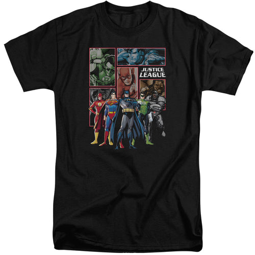 Justice League New Justice League Panels Mens Tall T Shirt Black