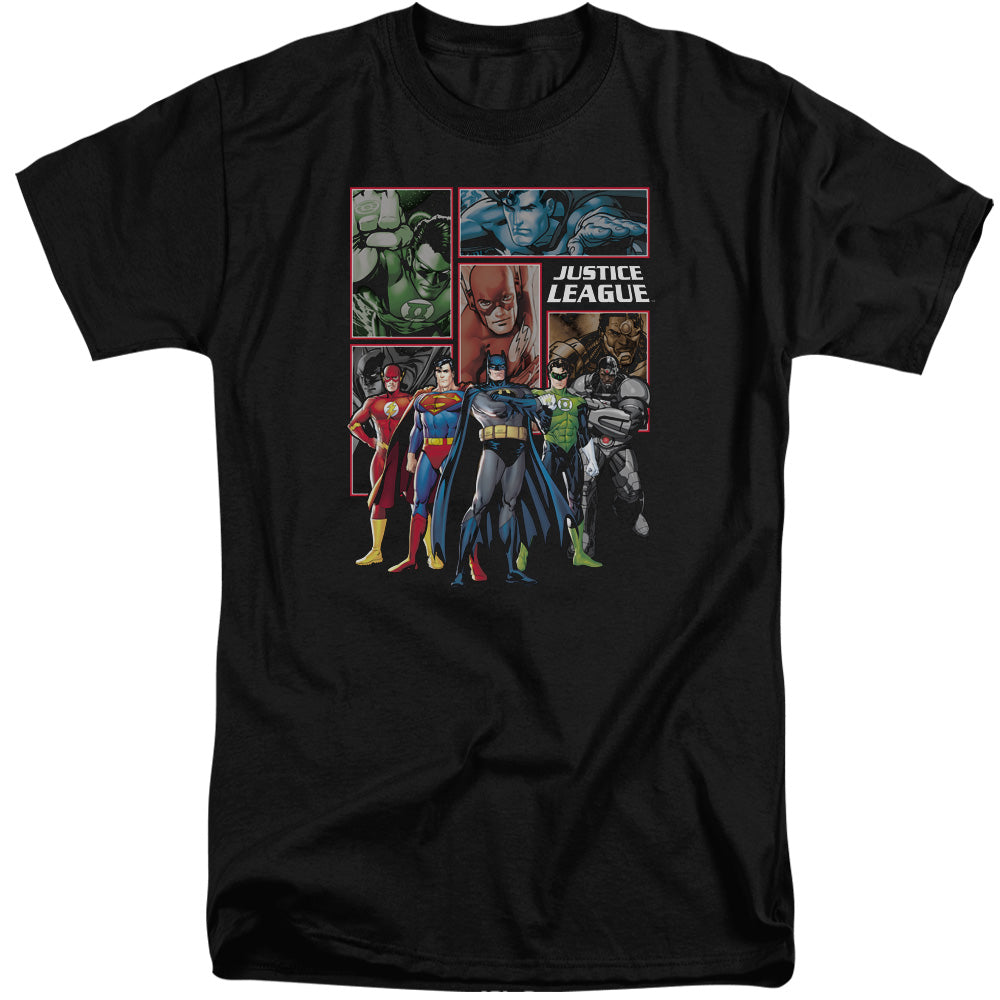 Justice League New Justice League Panels Mens Tall T Shirt Black