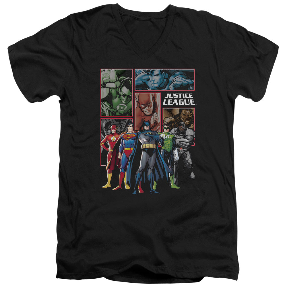 Justice League New Justice League Panels Mens Slim Fit V-Neck T Shirt Black