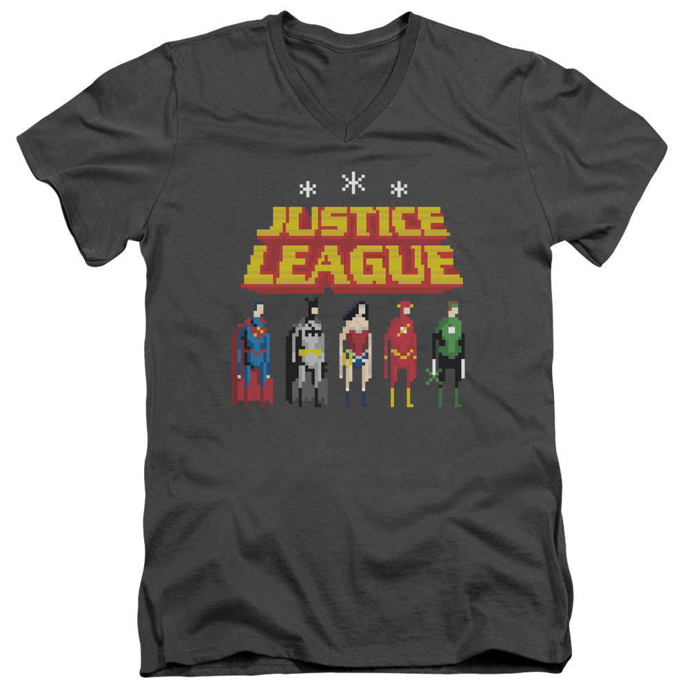 Justice League Standing Below Mens Slim Fit V-Neck T Shirt Charcoal