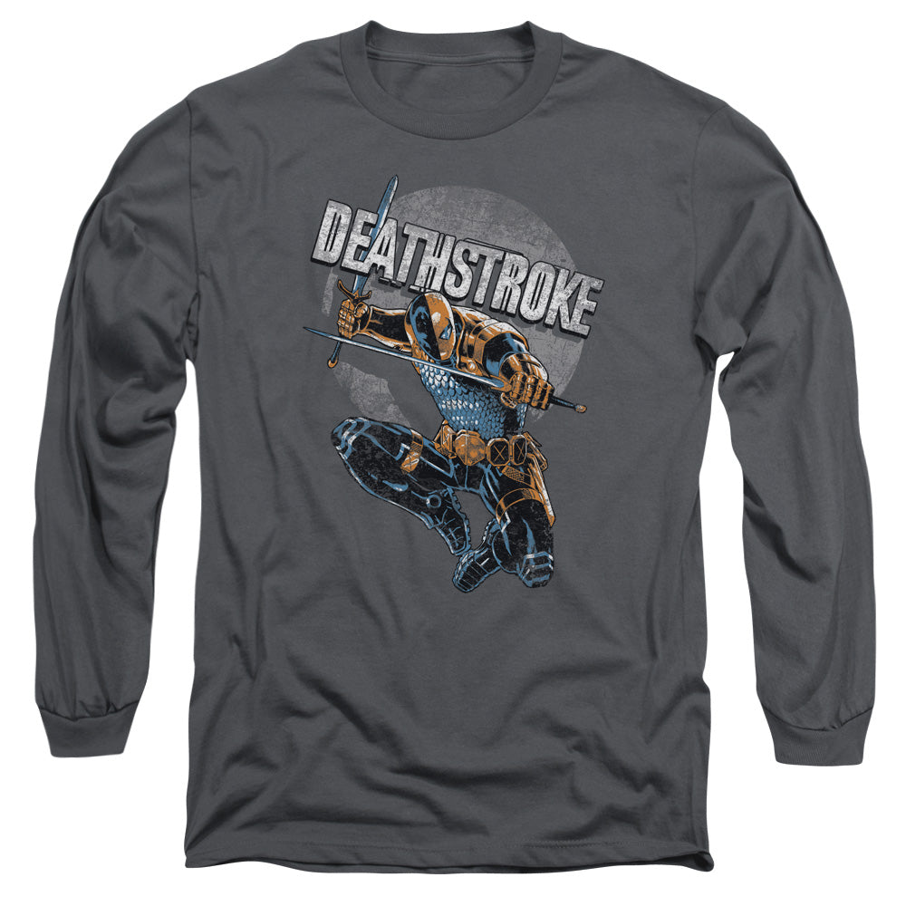 Jla Deathstroke Retro Mens Long Sleeve Shirt Charcoal Officially Licensed