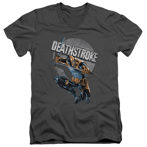 Justice League Deathstroke Retro Mens Slim Fit V-Neck T Shirt Charcoal