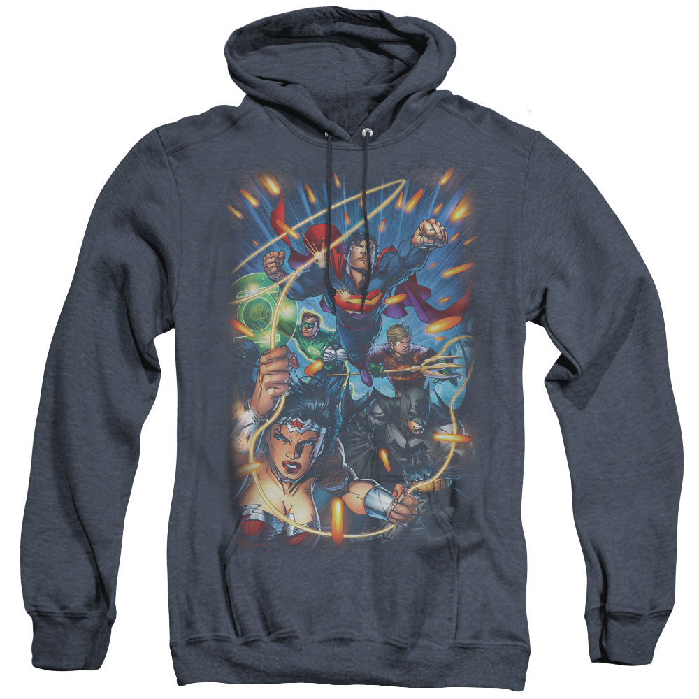 Justice League Under Attack Heather Mens Hoodie Navy Blue