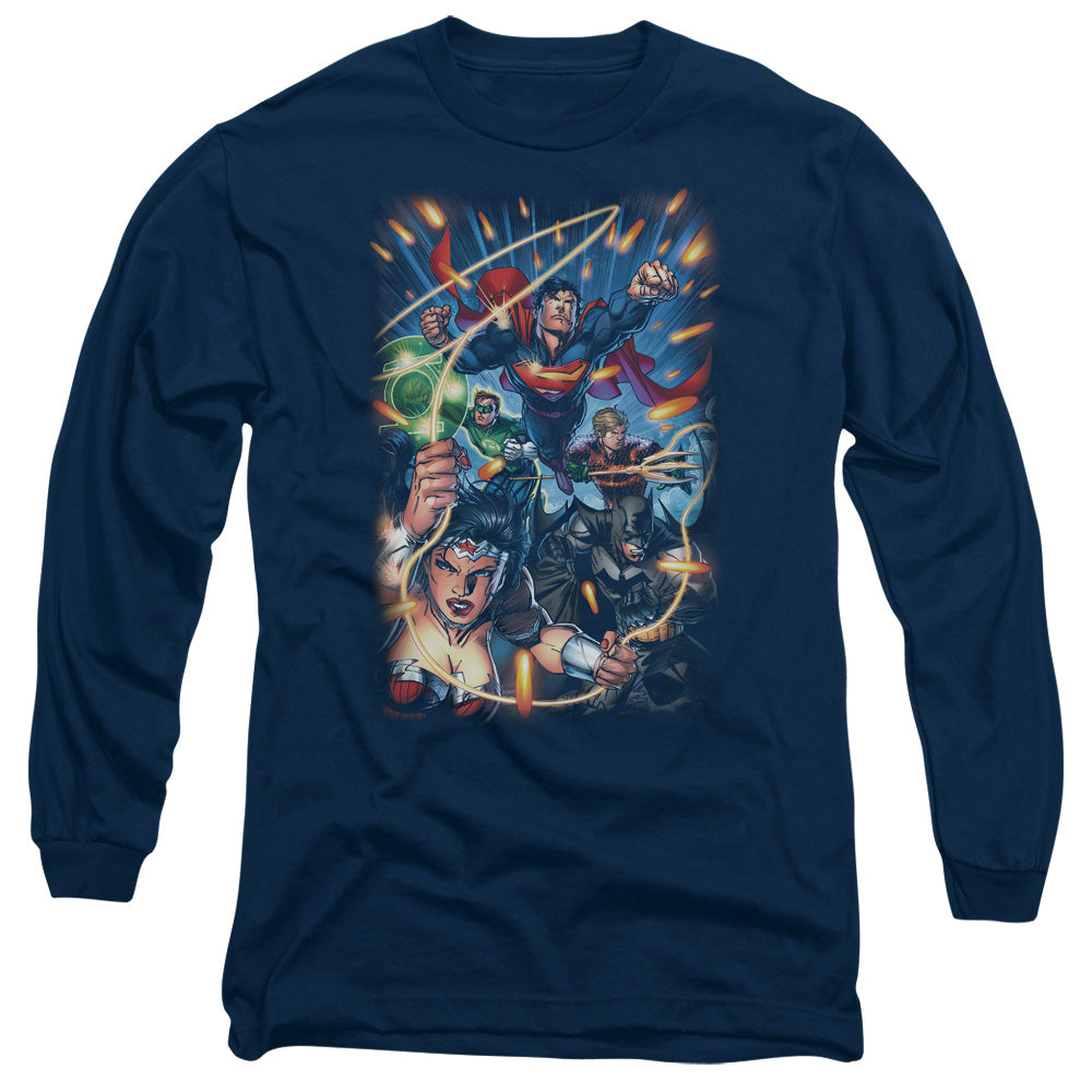 Jla Under Attack Mens Long Sleeve Shirt Navy Officially Licensed