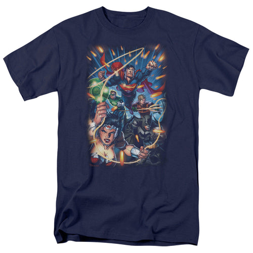 Justice League Of America Under Attack Mens T Shirt Navy