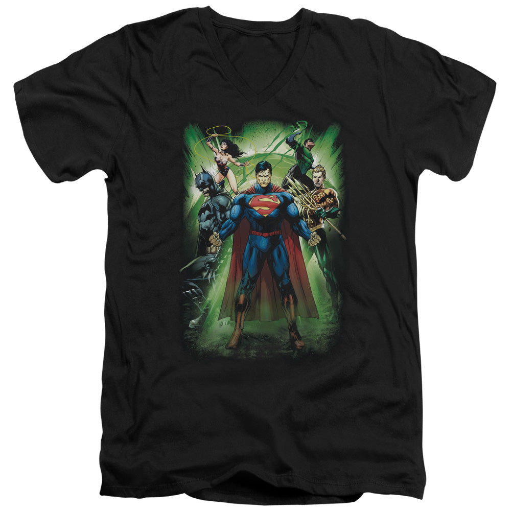 Justice League Power Burst Mens Slim Fit V-Neck T Shirt Black