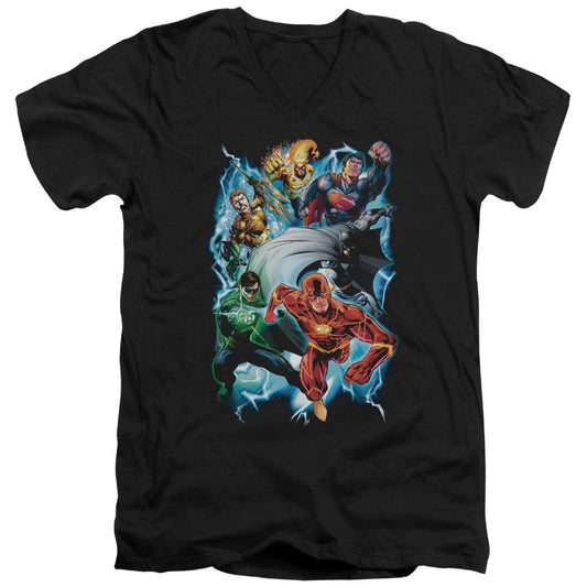 Justice League Electric Team Mens Slim Fit V-Neck T Shirt Black