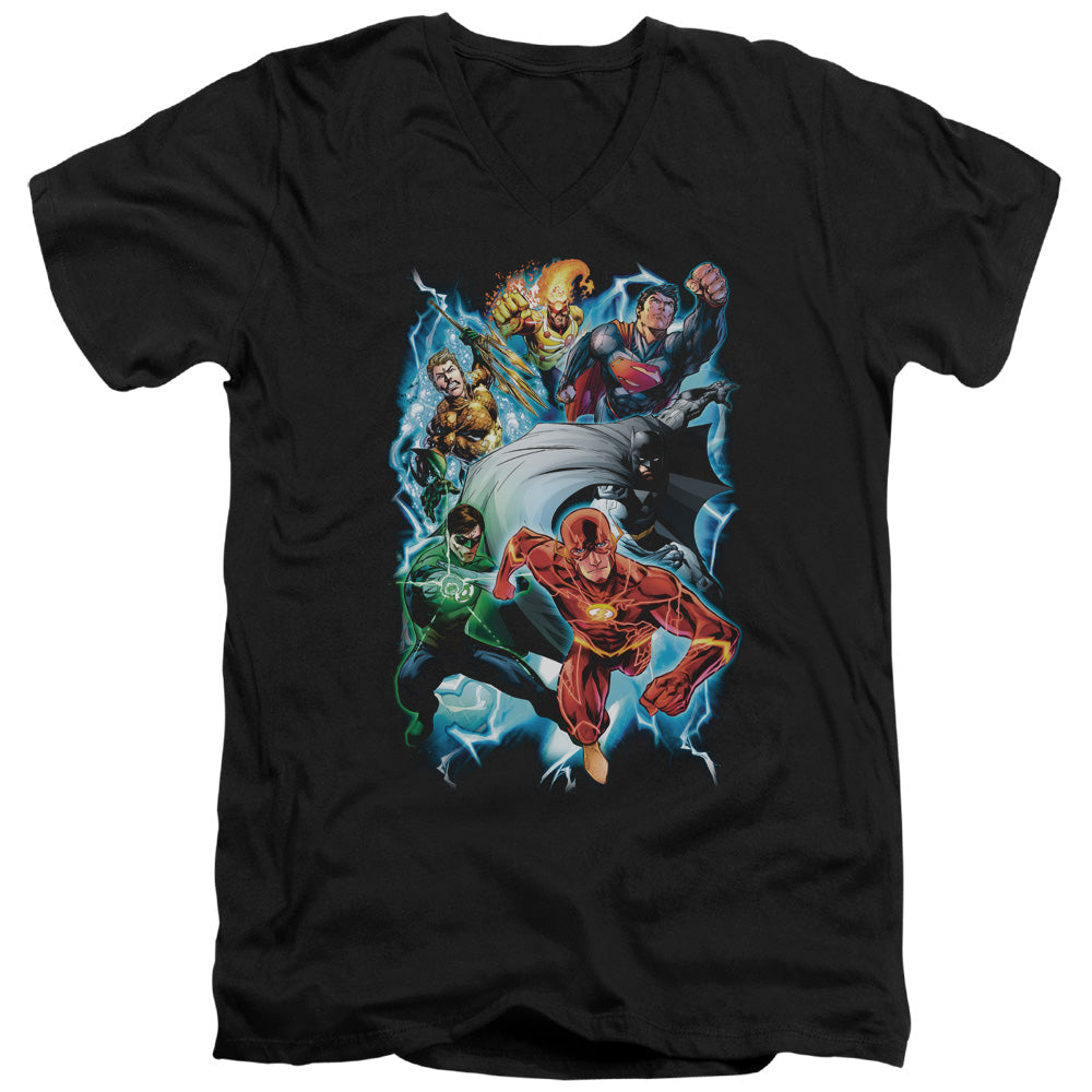 Justice League Electric Team Mens Slim Fit V-Neck T Shirt Black