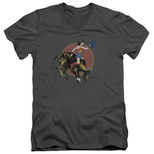 Justice League Bull Rider Mens Slim Fit V-Neck T Shirt Charcoal
