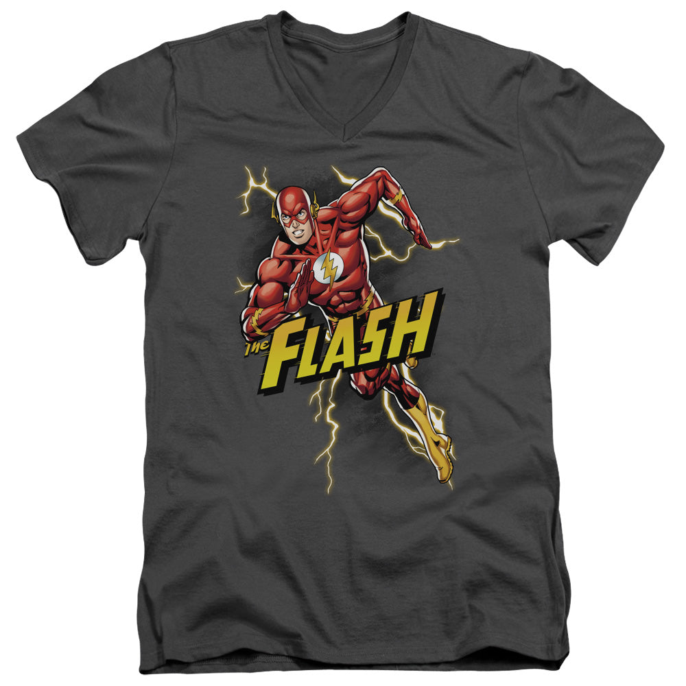 Justice League Bolt Run Mens Slim Fit V-Neck T Shirt Charcoal