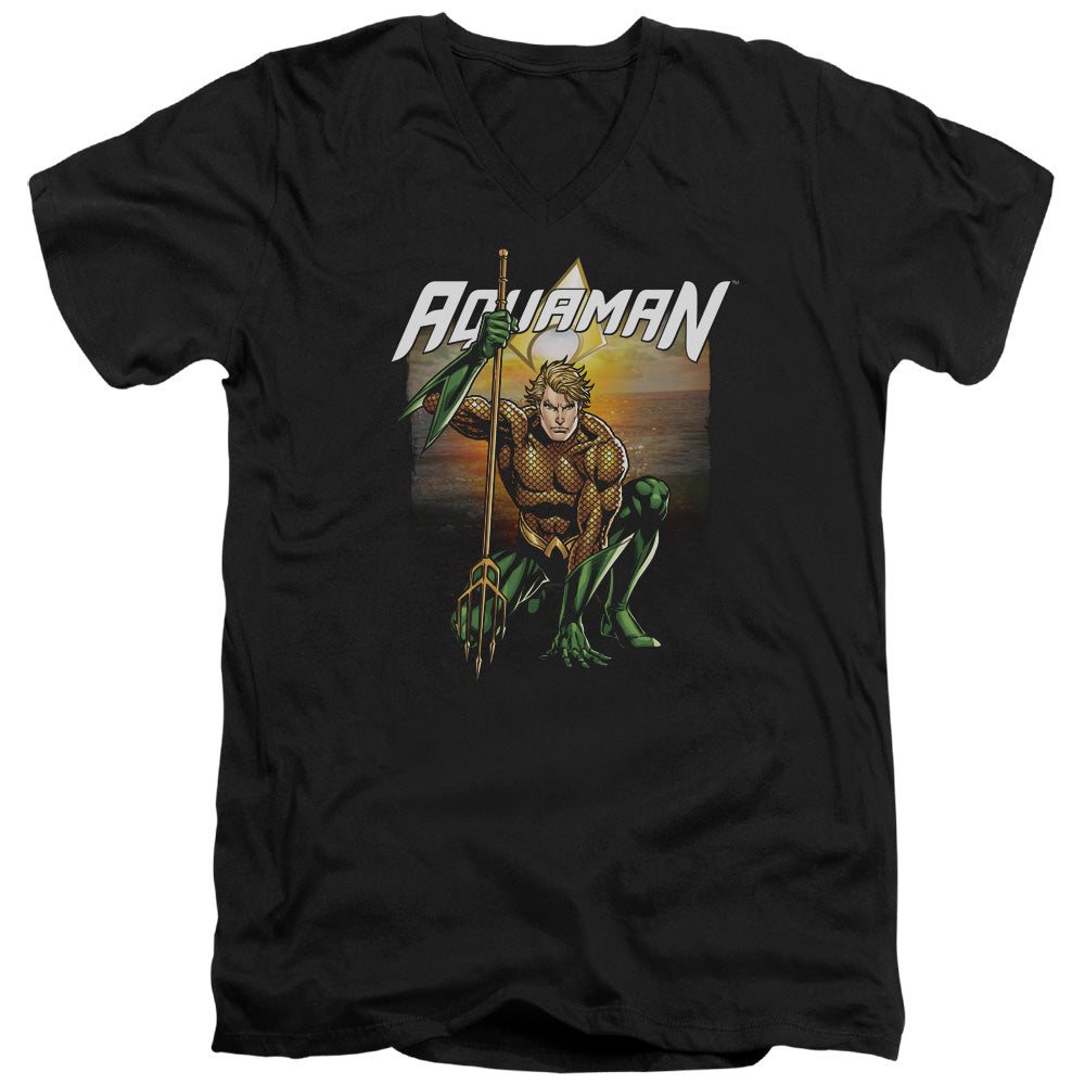 Justice League Beach Sunset Mens Slim Fit V-Neck T Shirt Black