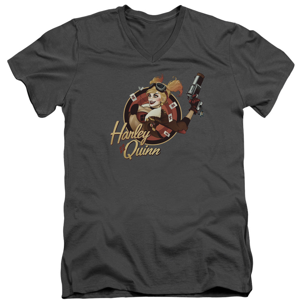 Justice League Harley Bomber Mens Slim Fit V-Neck T Shirt Charcoal
