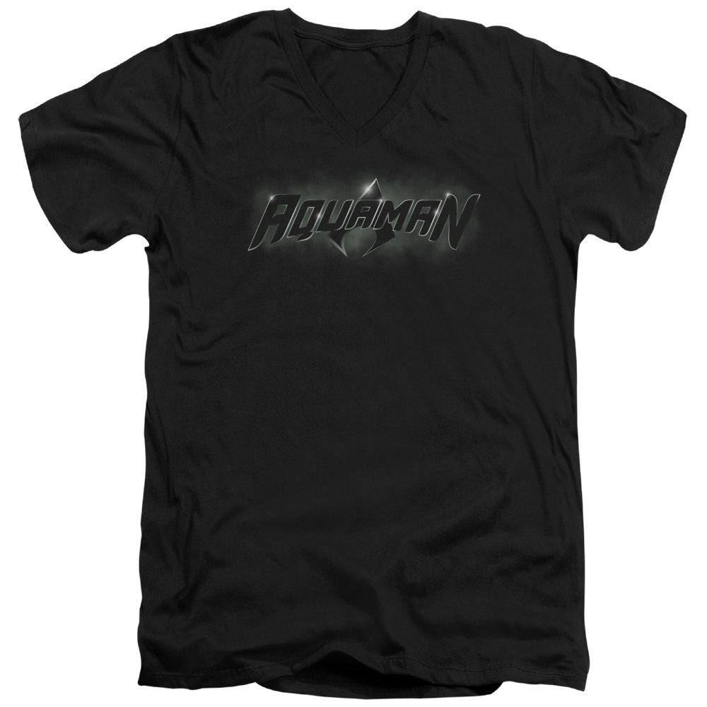 Justice League Aquaman Title Mens Slim Fit V-Neck T Shirt Black