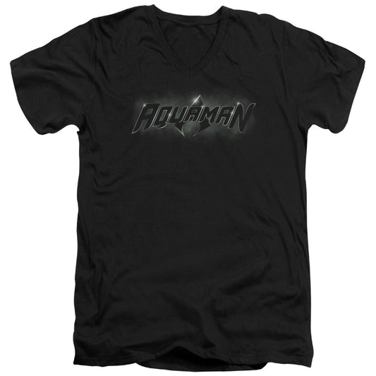 Justice League Aquaman Title Mens Slim Fit V-Neck T Shirt Black