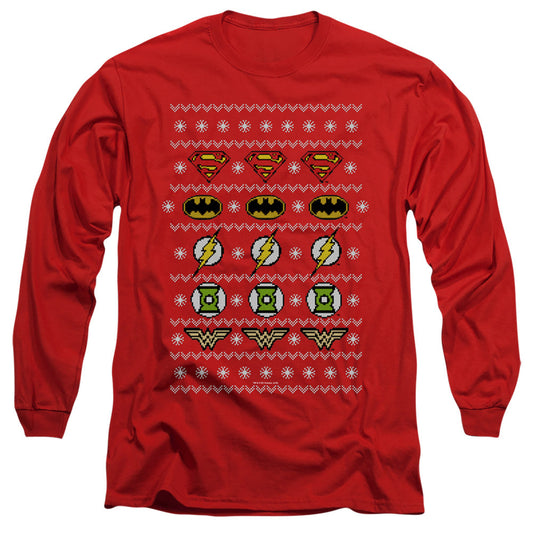 Jla Justice Shields Christmas Sweater 
 
 Mens Long Sleeve Shirt Red Officially Licensed