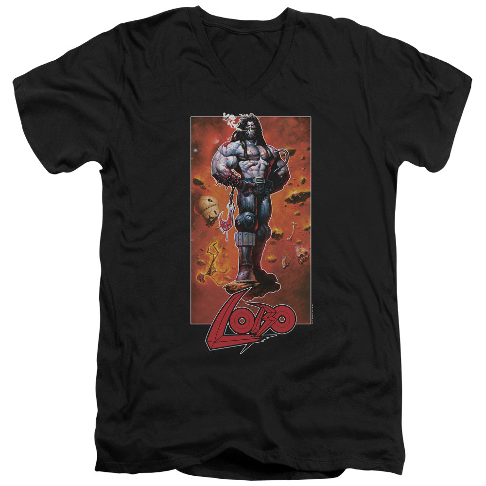 Justice League Lobo Pose Mens Slim Fit V-Neck T Shirt Black