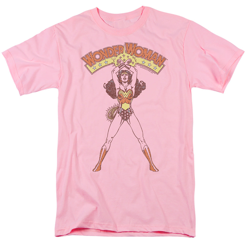 Wonder Woman Distressed Powerful Stance Mens T Shirt Pink