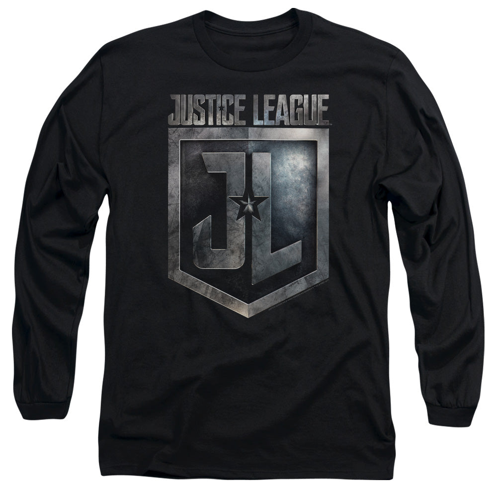 Justice League Movie Shield Logo Mens Long Sleeve Shirt Black Officially Licensed