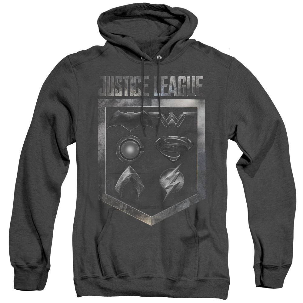 Justice League Movie Shield of Emblems Heather Mens Hoodie Black