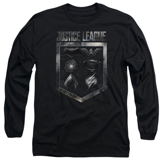 Justice League Movie Shield of Emblems Mens Long Sleeve Shirt Black