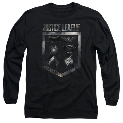 Justice League Movie Shield Of Emblems Mens Long Sleeve Shirt Black Officially Licensed