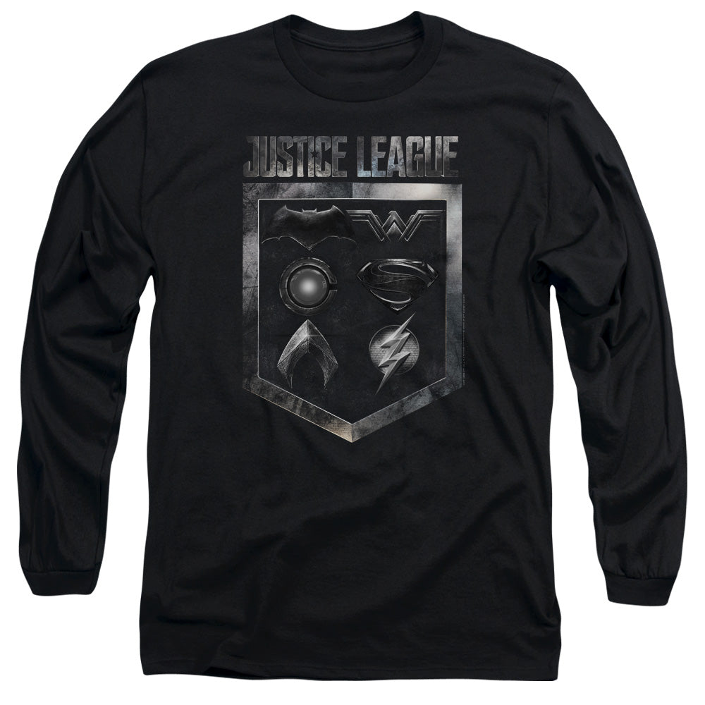 Justice League Movie Shield Of Emblems Mens Long Sleeve Shirt Black Officially Licensed