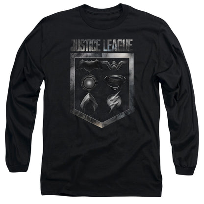 Justice League Movie Shield Of Emblems Mens Long Sleeve Shirt Black Officially Licensed