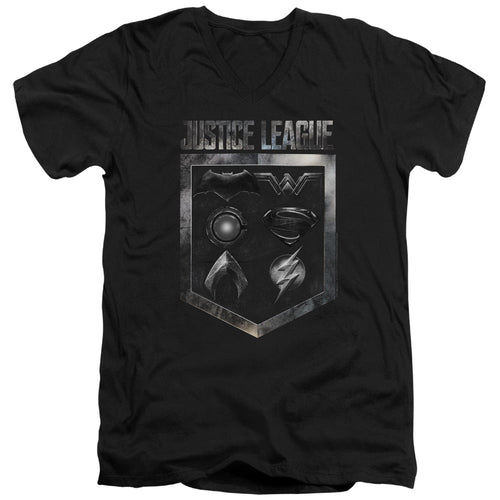 Justice League Movie Shield of Emblems Mens Slim Fit V-Neck T Shirt Black