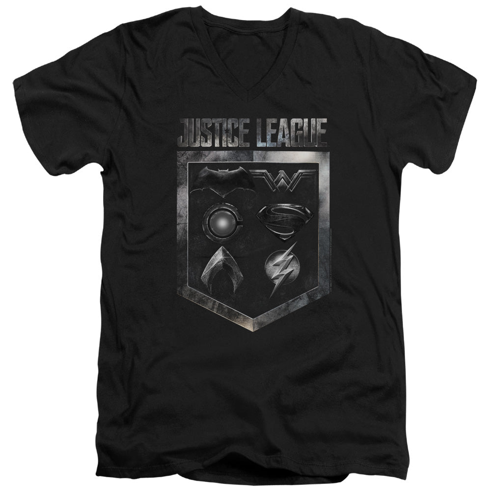 Justice League Movie Shield of Emblems Mens Slim Fit V-Neck T Shirt Black