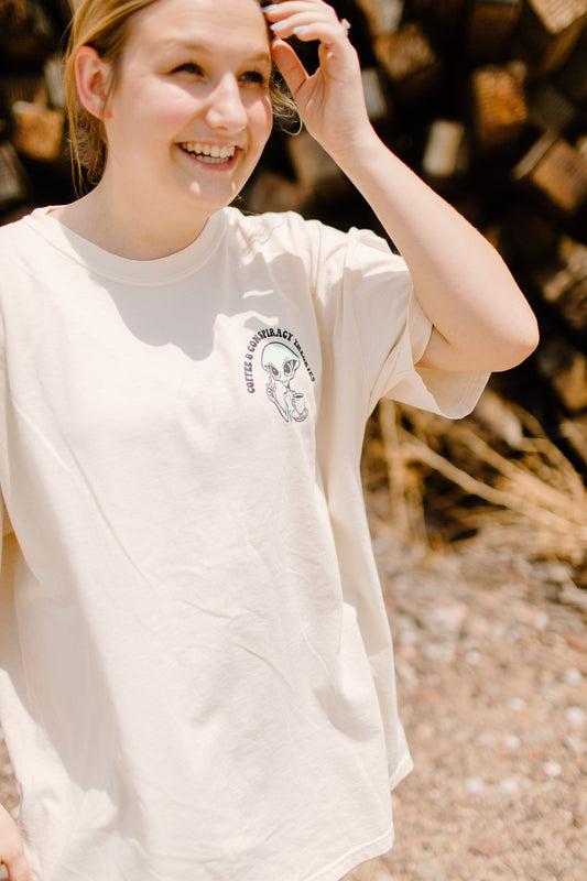 Let’s Get Coffee and Talk Conspiracy Theories Graphic Tee Womens T Shirt