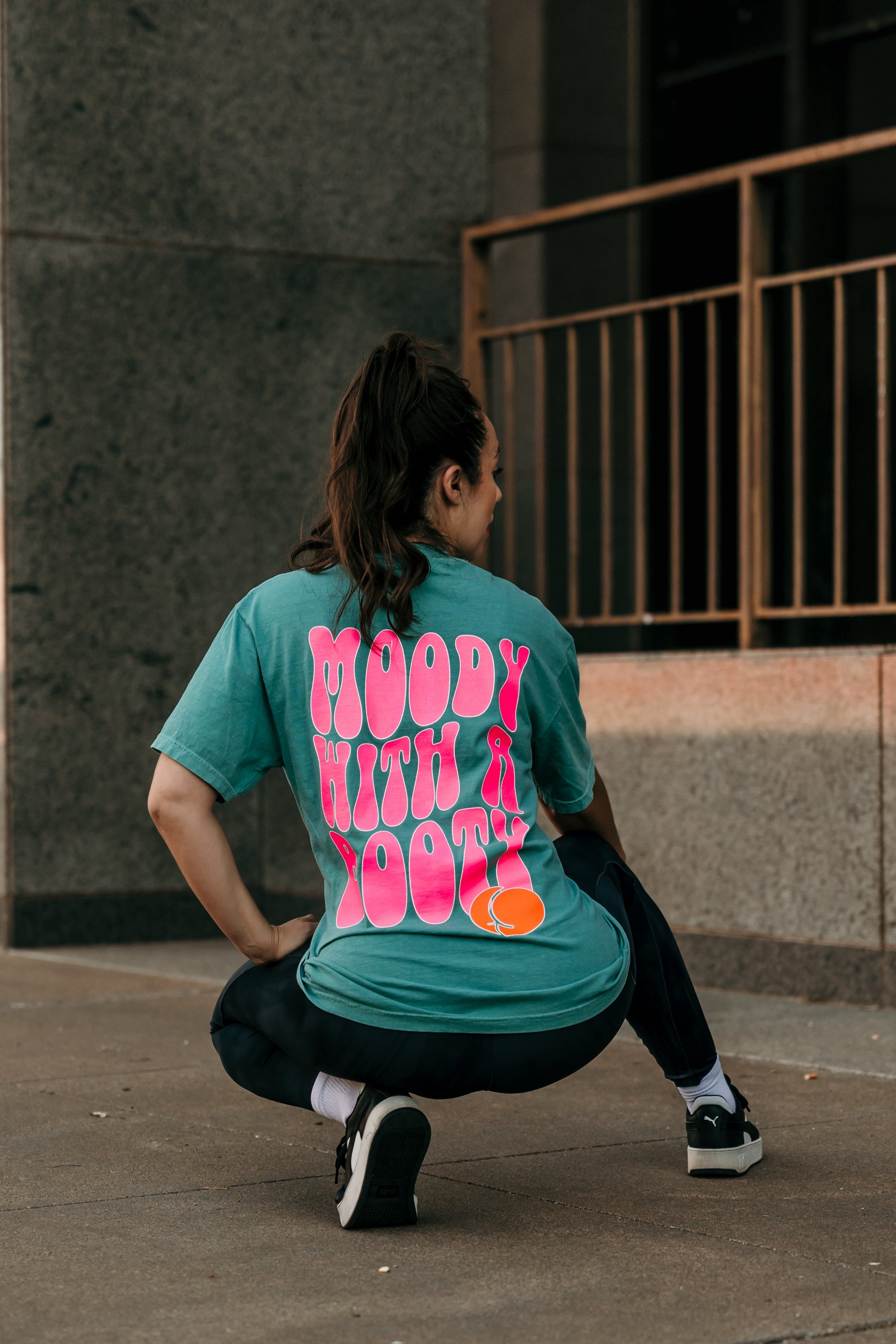 Moody With A Booty Graphic Tee Womens T Shirt Neon Pink and Coral