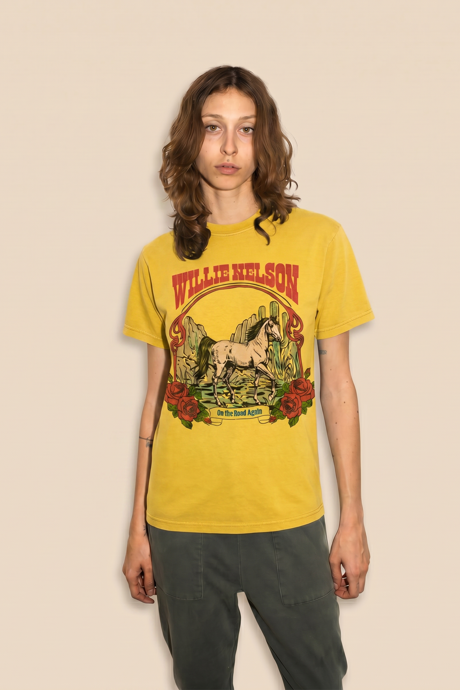 Willie Nelson Tobacco Leaf Tee Womens T Shirt Yellow