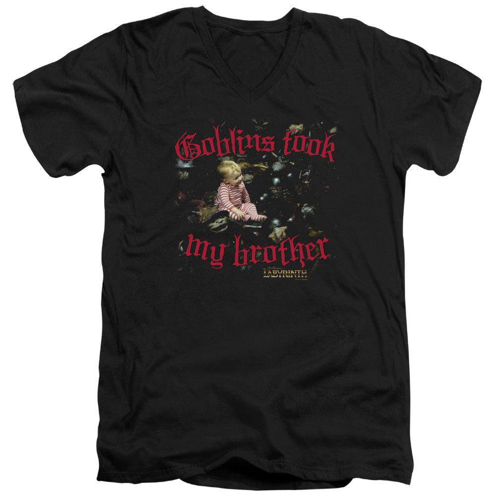 Labyrinth Goblins Took My Brother Mens Slim Fit V-Neck T Shirt Black