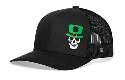 Leprechaun Skull Trucker Haka Hat Black Rubber Patch Snapback
