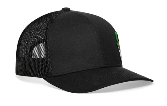 Leprechaun Skull Trucker Haka Hat Black Rubber Patch Snapback