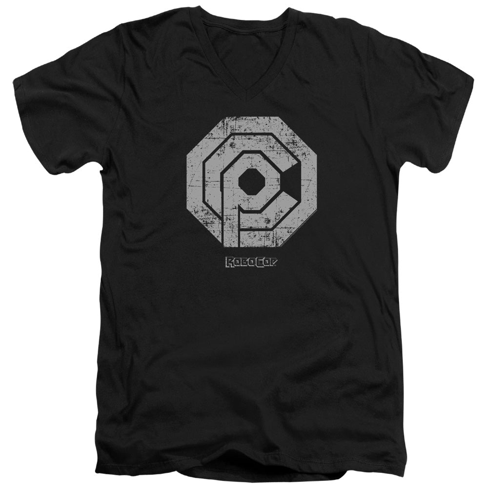 Robocop Distressed Ocp Logo Mens Slim Fit V-Neck T Shirt Black