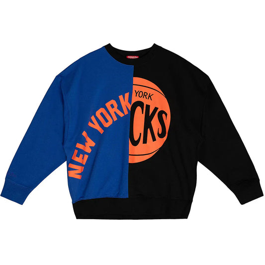 New York Knicks - Mitchell and Ness Womens Big Face Crew Sweater Black Blue