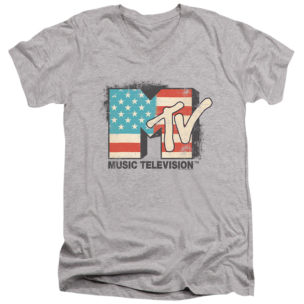 Mtv American Logo Mens Slim Fit V-Neck T Shirt Athletic Heather