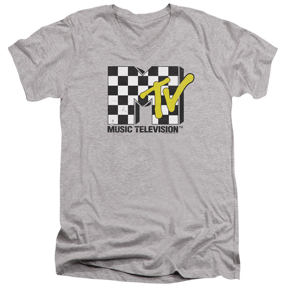 Mtv Checker Board Logo Mens Slim Fit V-Neck T Shirt Athletic Heather