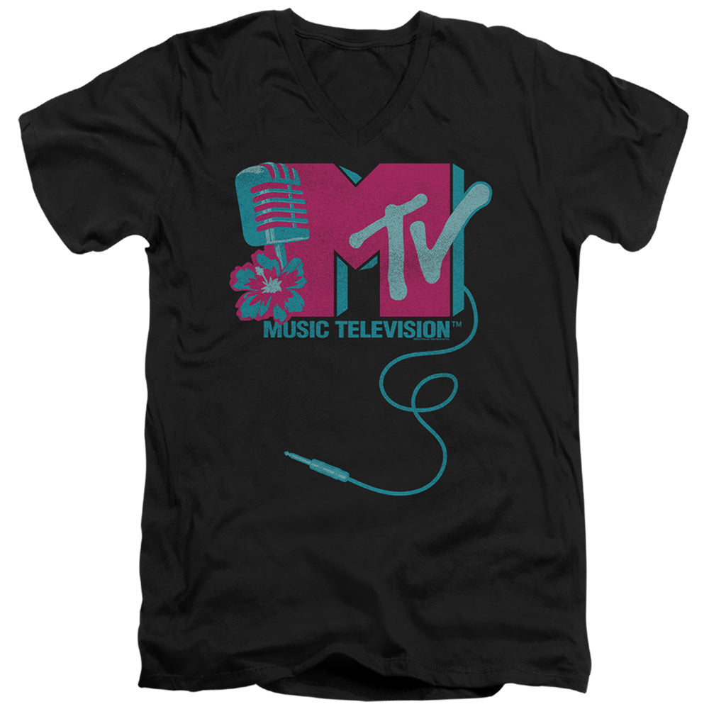 Mtv Microphone Logo Mens Slim Fit V-Neck T Shirt Black