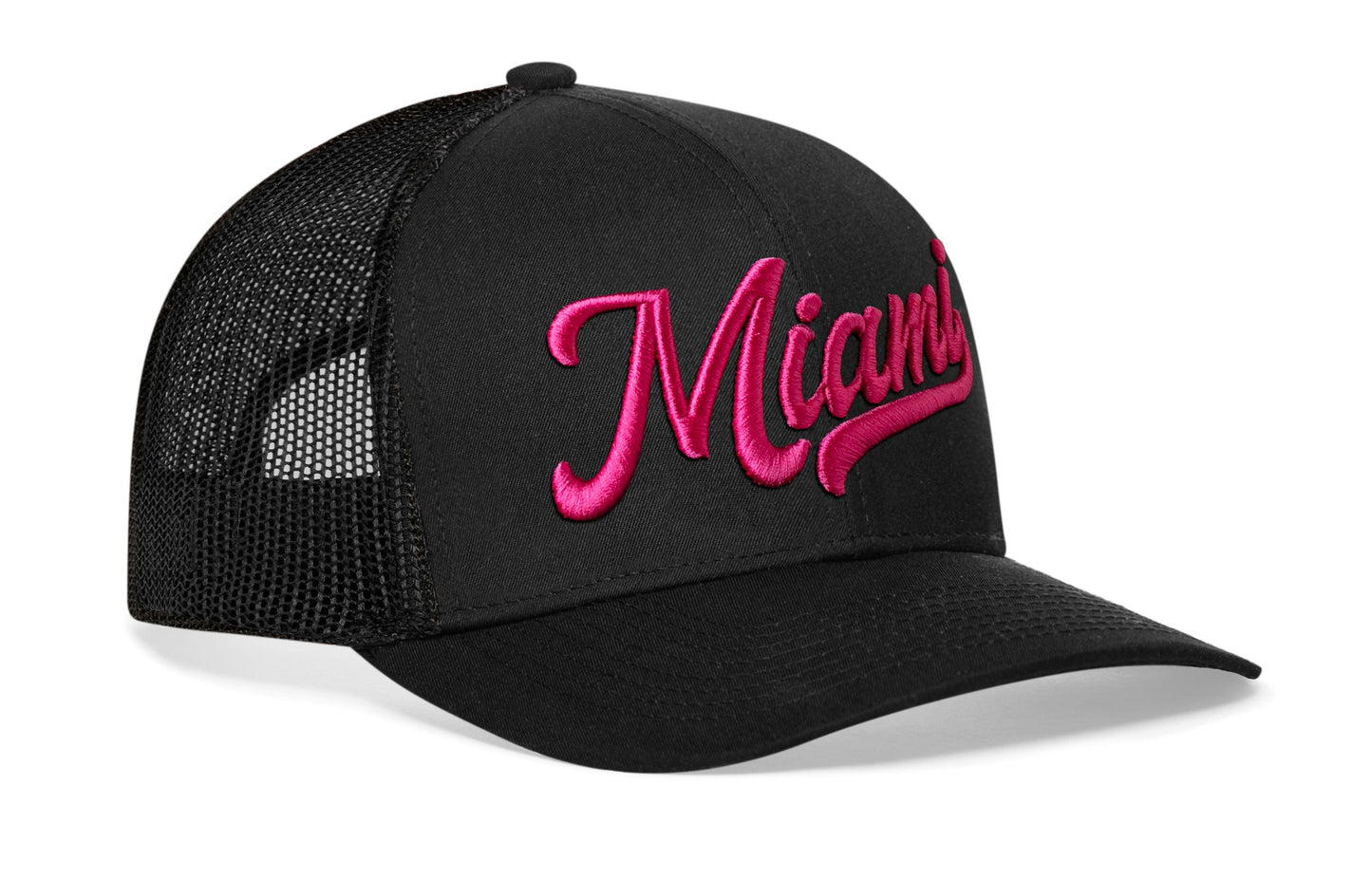 Miami Hot Pink Script Trucker Haka Hat Black Florida Snapback