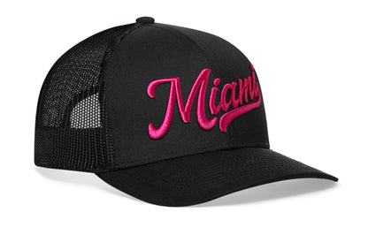 Miami Hot Pink Script Trucker Haka Hat Black Florida Snapback