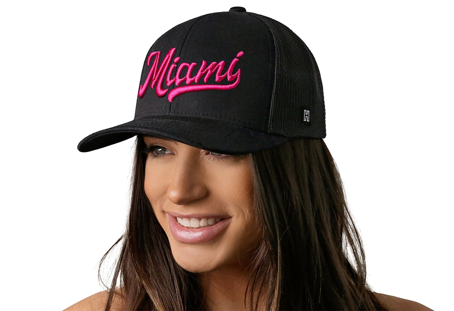 Miami Hot Pink Script Trucker Haka Hat Black Florida Snapback