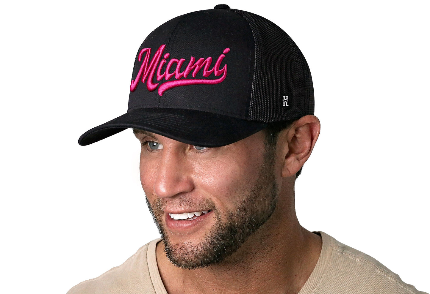 Miami Hot Pink Script Trucker Haka Hat Black Florida Snapback