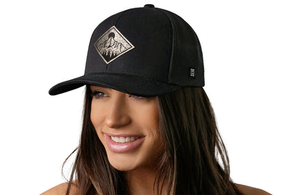 Diamond Mountain and Trees Trucker Haka Hat Black Outdoors Snapback