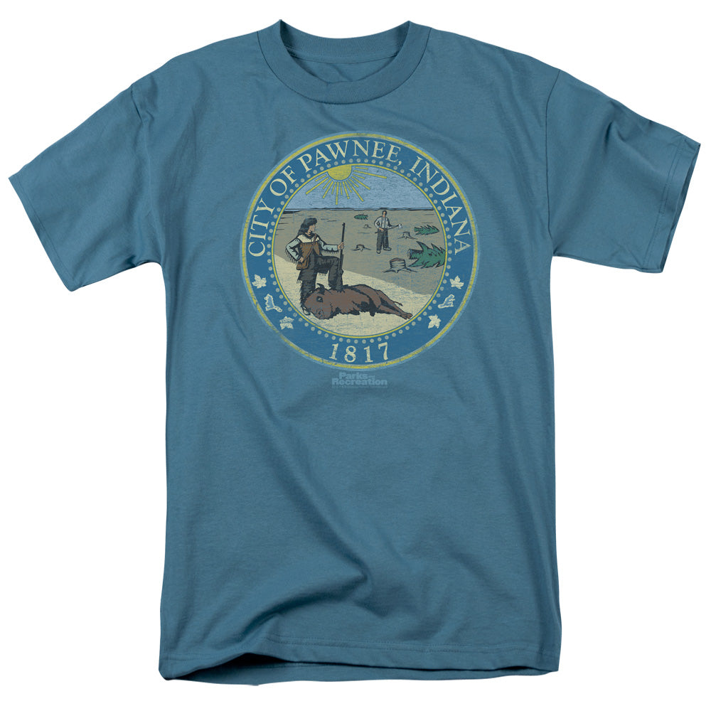 Parks And Rec Distressed Pawnee Seal Mens T Shirt Slate