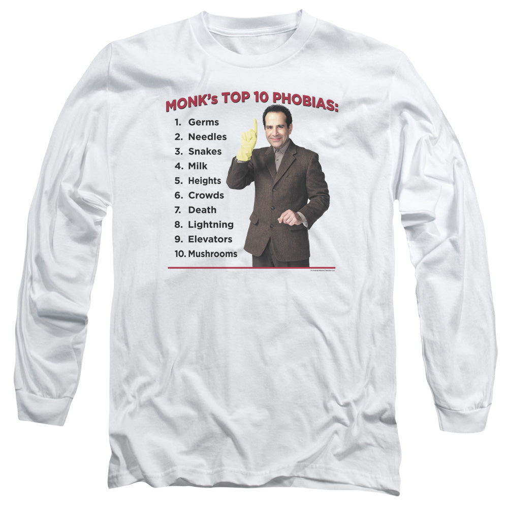 Monk Top 10 Phobias Mens Long Sleeve Shirt White