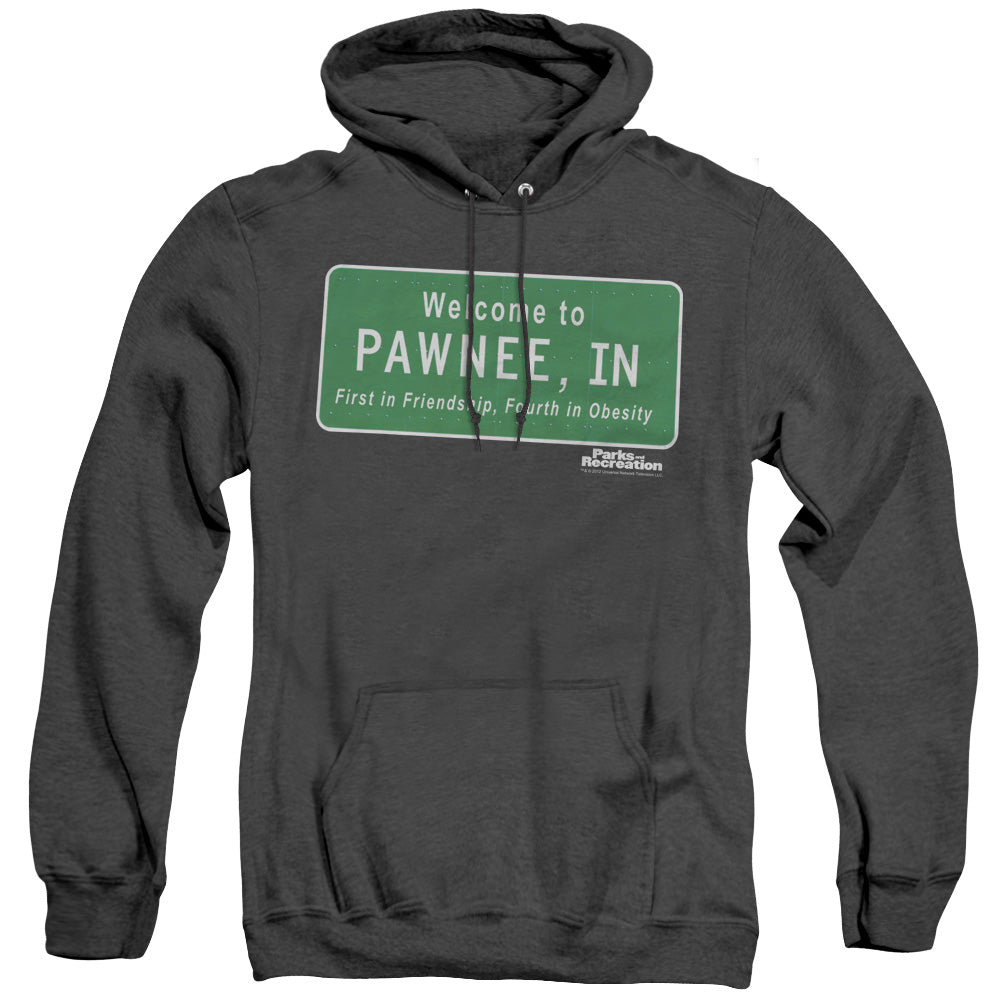 Parks And Rec Pawnee Sign Heather Mens Hoodie Black