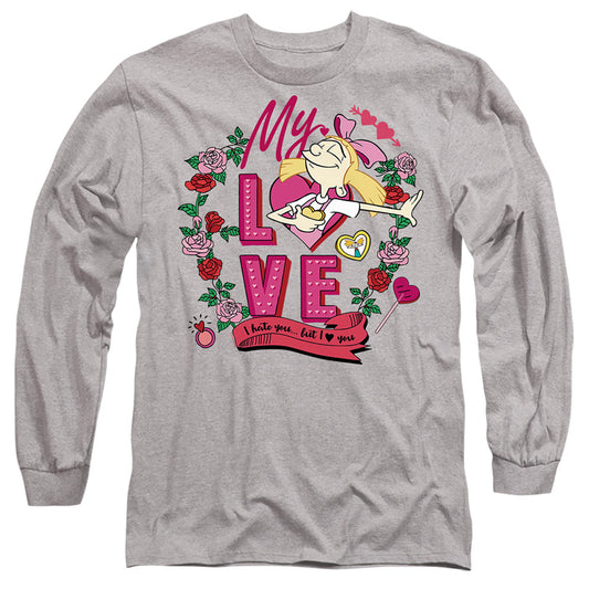 Hey Arnold Valentine'S Day Helga, I Hate You, But Love You Mens Long Sleeve Shirt Athletic Heather Officially Licensed